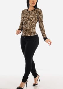 Long Sleeve Crewneck Animal Print Top Black sold by Moda