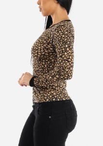 Long Sleeve Crewneck Animal Print Top Black sold by Moda