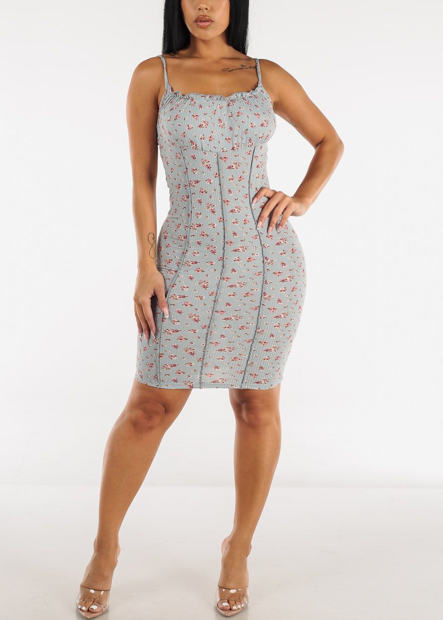 Scoop Neck Floral Ribbed Cami Bodycon Dress Blue sold by Moda product image thumbnail 2