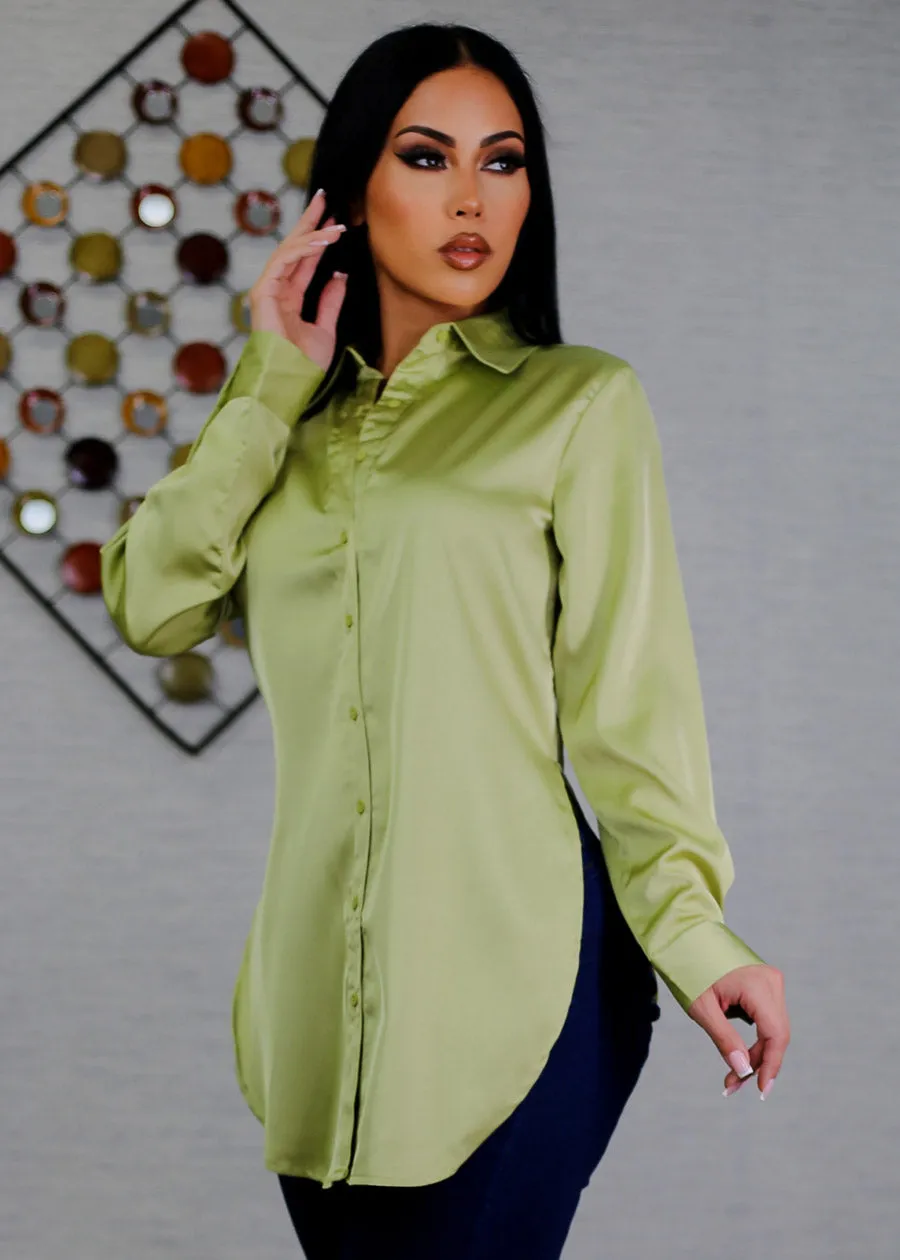 Long Sleeve Satin Button Down Tunic Blouse Kiwi sold by Moda