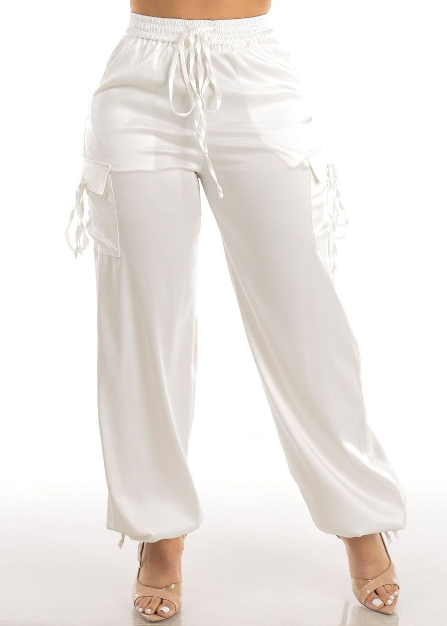White High Waist Satin Cargo Pants sold by Moda