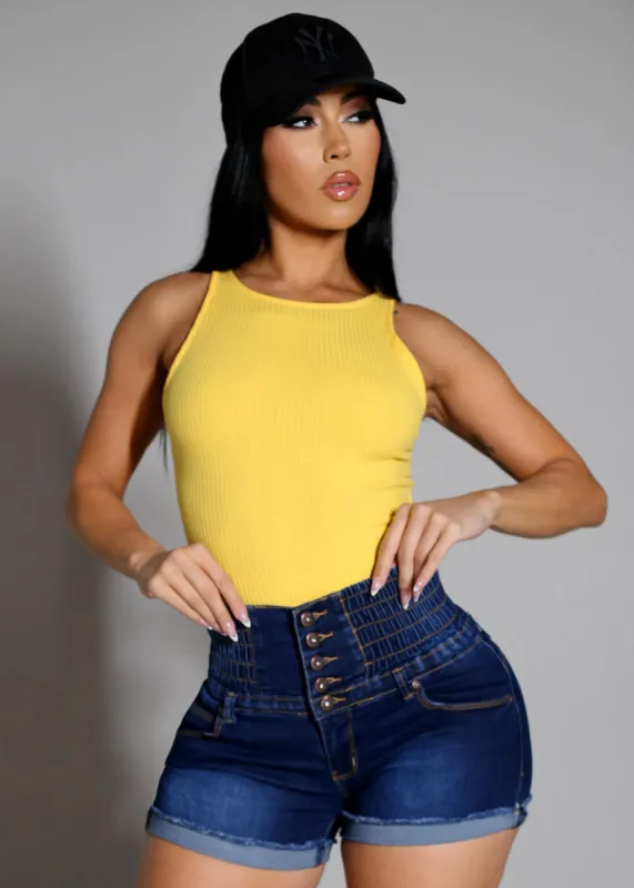 Sleeveless Ribbed Thong Bodysuit Yellow sold by Moda