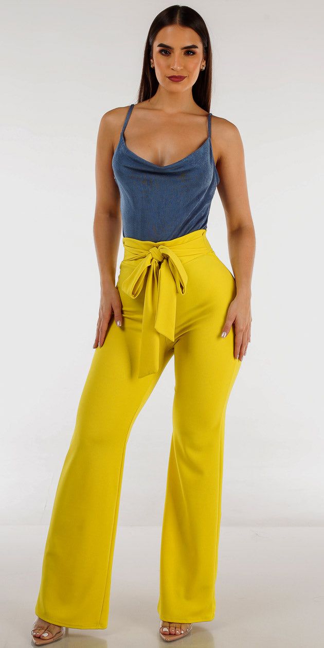 Wait Tie Wide Legged Lime Pants with Blue Sleeveless Cowl Neckline Bodysuit sold by Moda