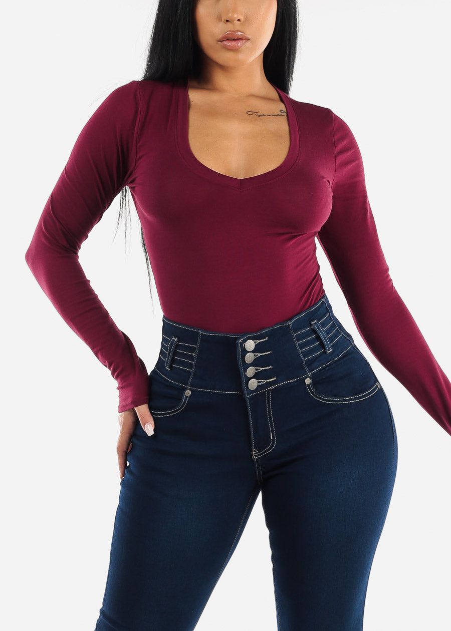 Long Sleeve V Neck Thong Bodysuit Burgundy sold by Moda