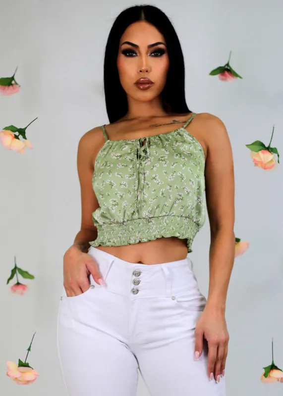 Satin Sleeveless Floral Cami Crop Top Light Green sold by Moda