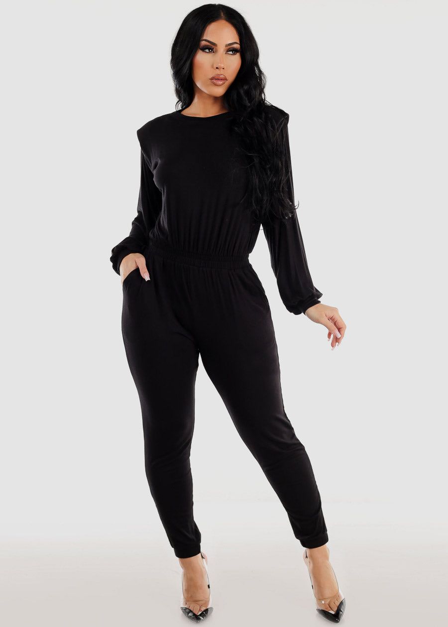 Black Long Sleeve Spandex Waist Skinny Jumpsuit sold by Moda