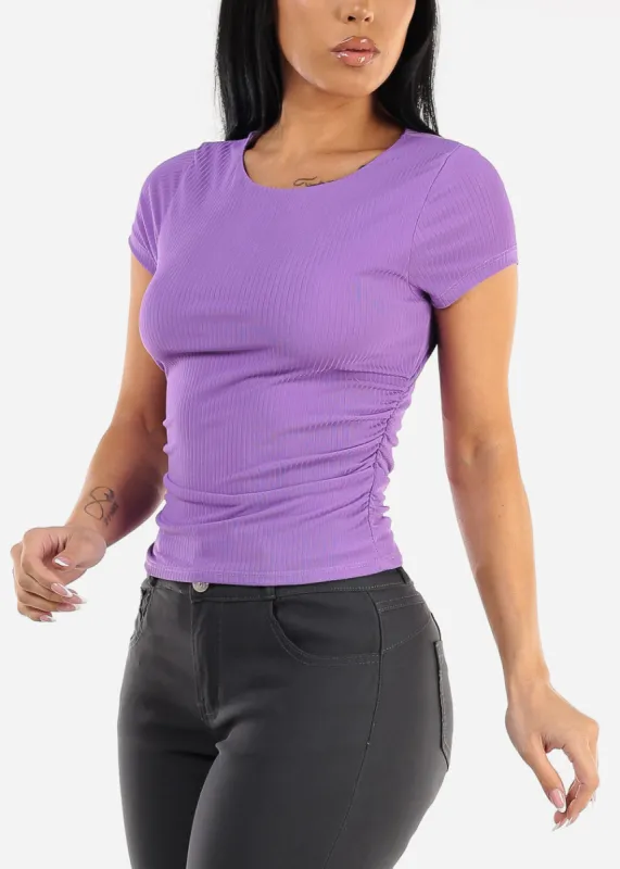 Short Sleeve Crewneck Ruched Top Purple sold by Moda