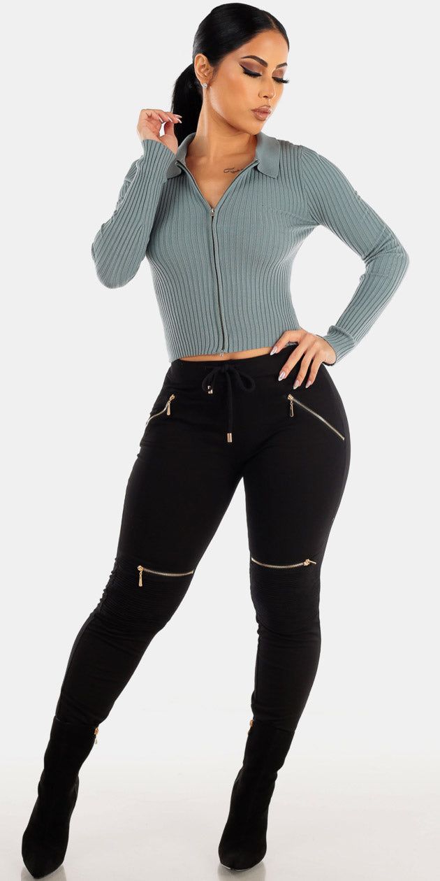 Black Moto Style Skinny Pants with Zip Up Long Sleeve Collared Sweater sold by Moda