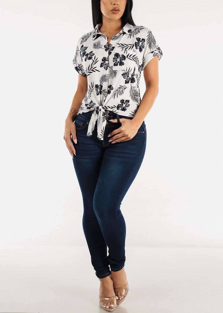 Short Sleeve Tie Front Button Up Floral Shirt White sold by Moda product image thumbnail 2