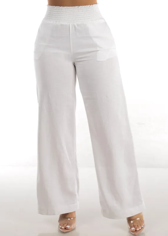 White Spandex Waist Wide Leg Linen Pants sold by Moda