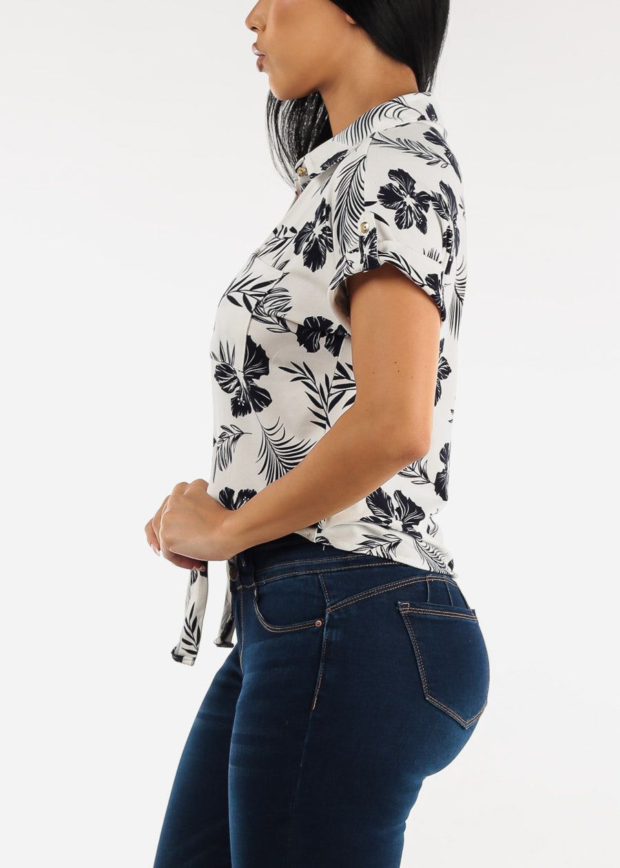 Short Sleeve Tie Front Button Up Floral Shirt White sold by Moda product image thumbnail 3