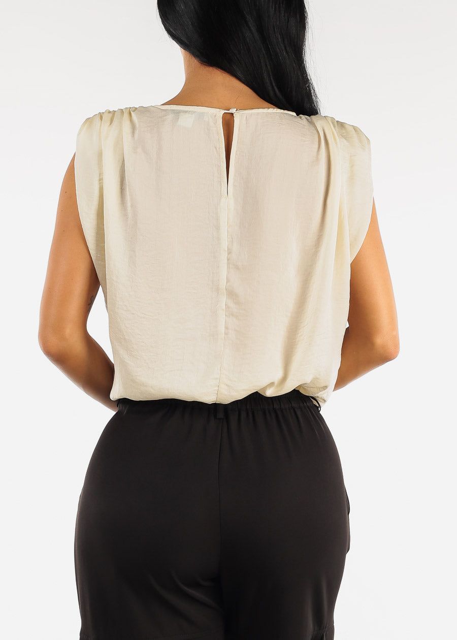 Tie Front Drawstring Cap Sleeve Cream Blouse sold by Moda product image thumbnail 4