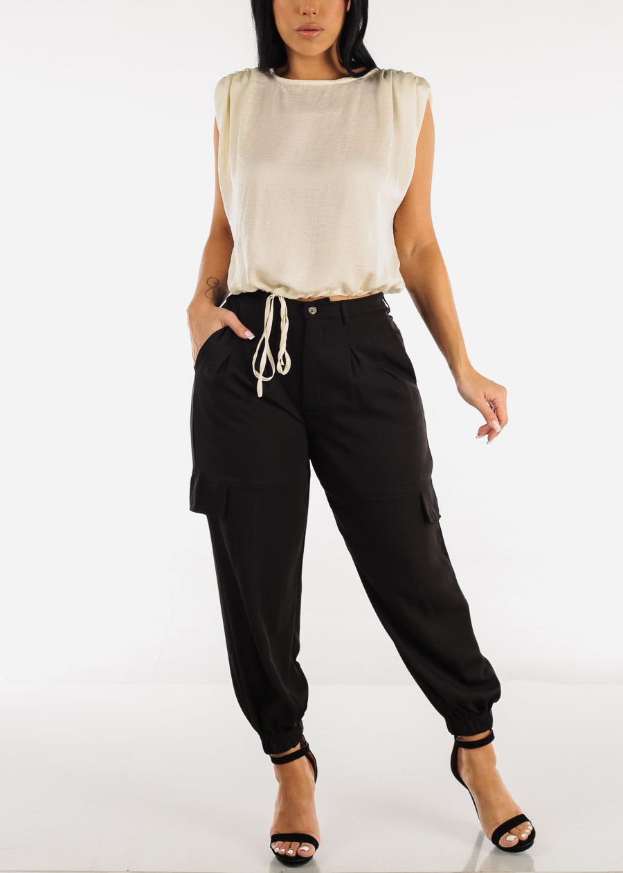 Tie Front Drawstring Cap Sleeve Cream Blouse sold by Moda product image thumbnail 2