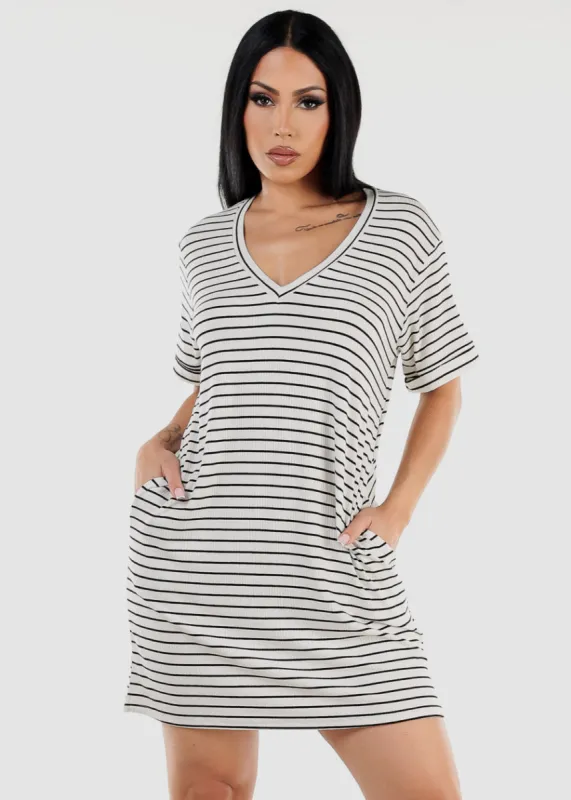 Short Sleeve Stripe Mini T-shirt Dress White sold by Moda