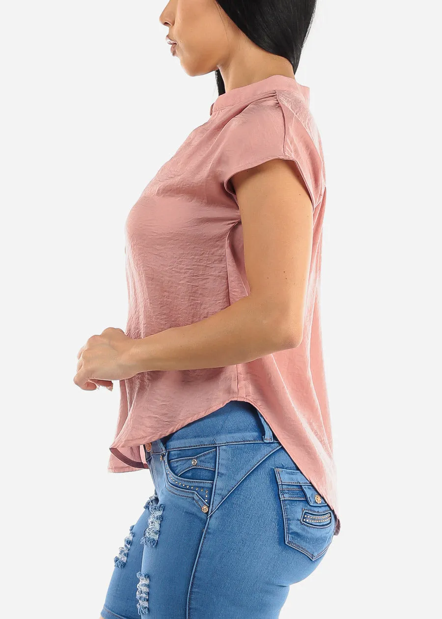 Short Sleeve Half Button Up Round Hem Blouse Pink sold by Moda product image thumbnail 3