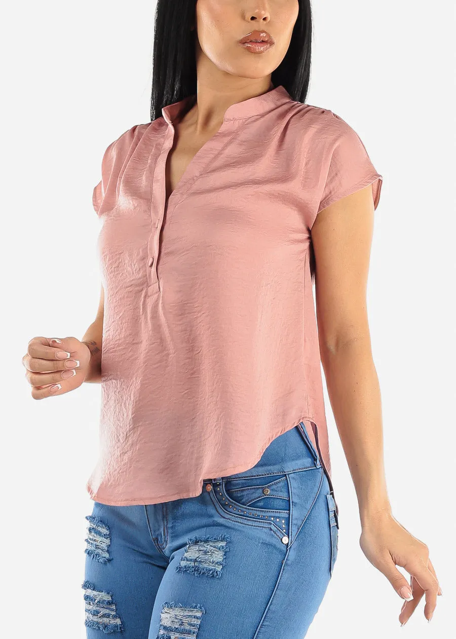 Short Sleeve Half Button Up Round Hem Blouse Pink sold by Moda