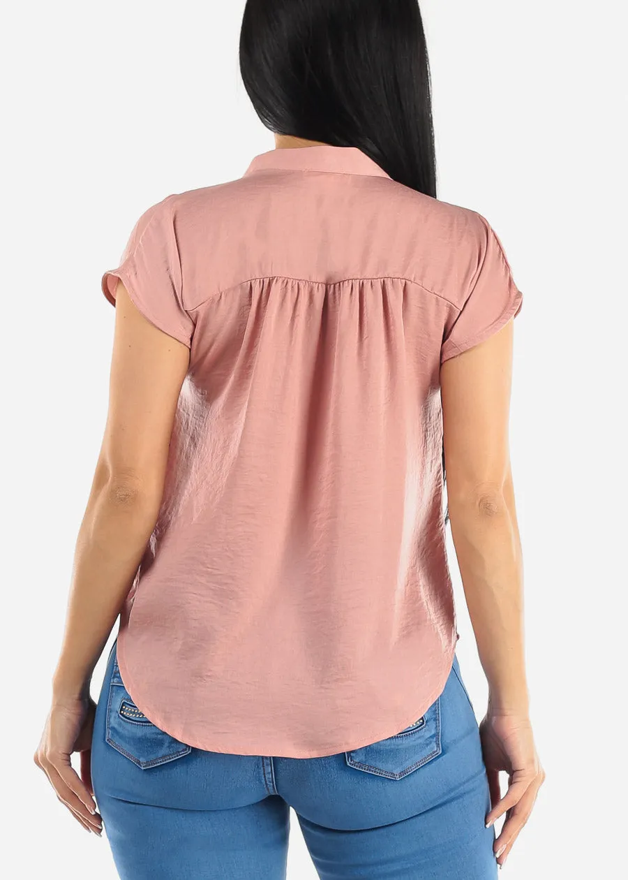 Short Sleeve Half Button Up Round Hem Blouse Pink sold by Moda product image thumbnail 4