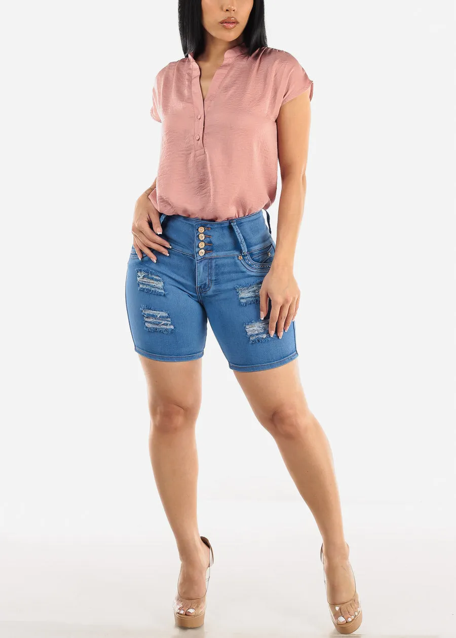 Short Sleeve Half Button Up Round Hem Blouse Pink sold by Moda product image thumbnail 2