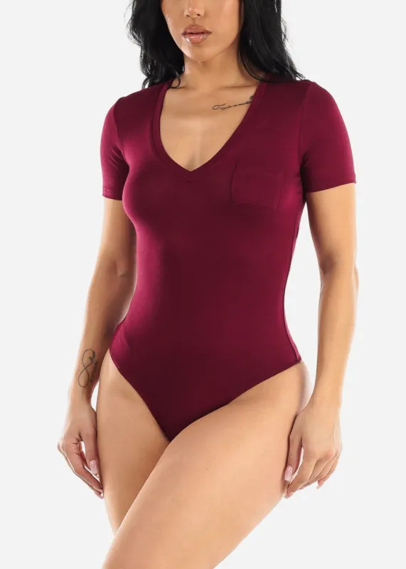 Short Sleeve Vneck Thong Bodysuit Burgundy sold by Moda