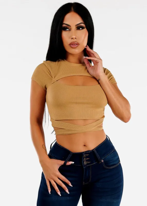 Short Sleeve Cut Out Khaki Ribbed Crop Top w Waist Tie sold by Moda