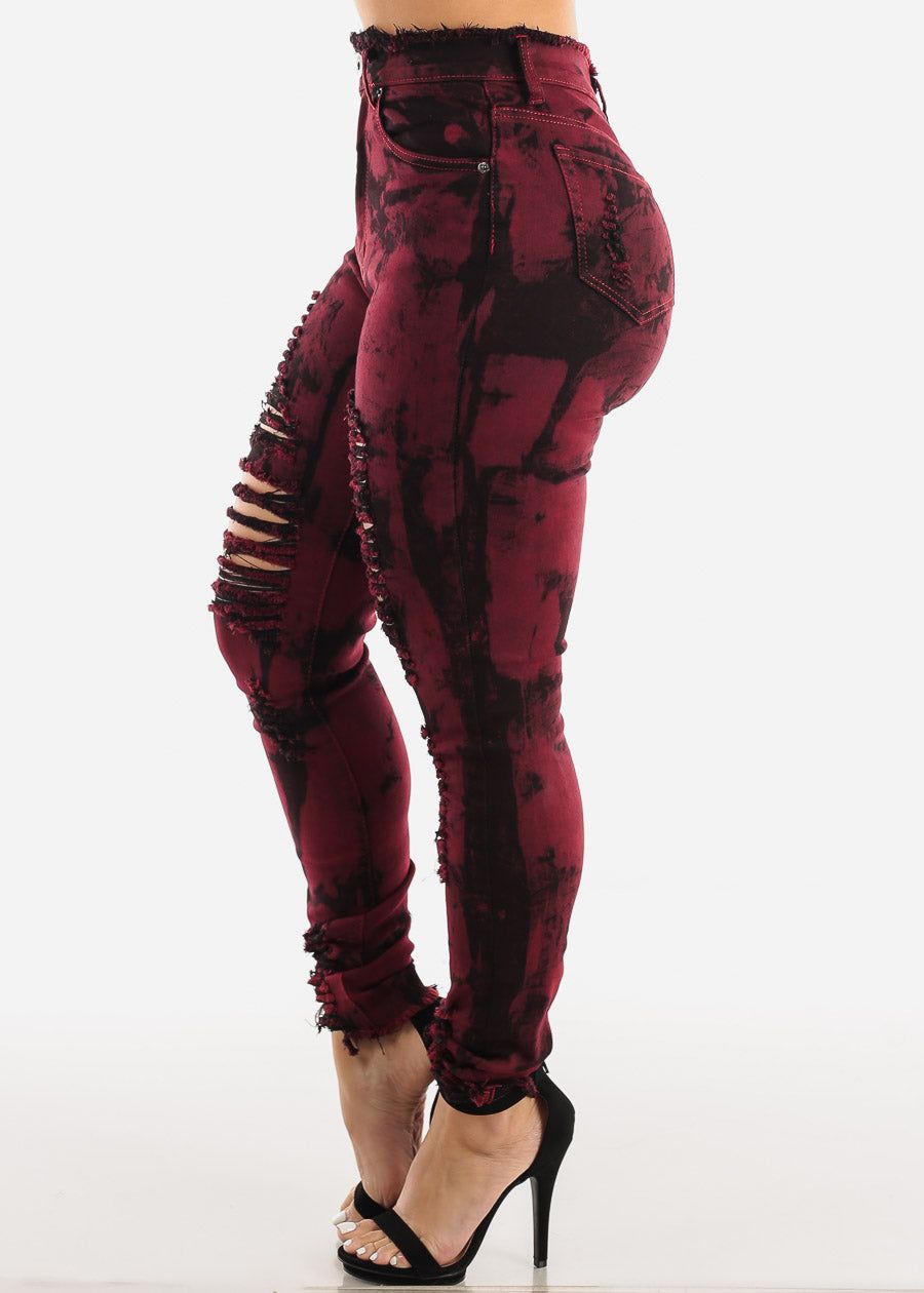Red Super High Waist Ripped Acid Wash Skinny Jeans sold by Moda