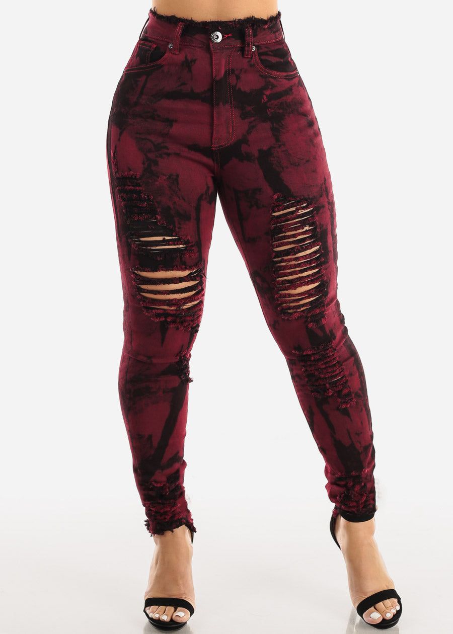 Red Super High Waist Ripped Acid Wash Skinny Jeans sold by Moda product image thumbnail 2