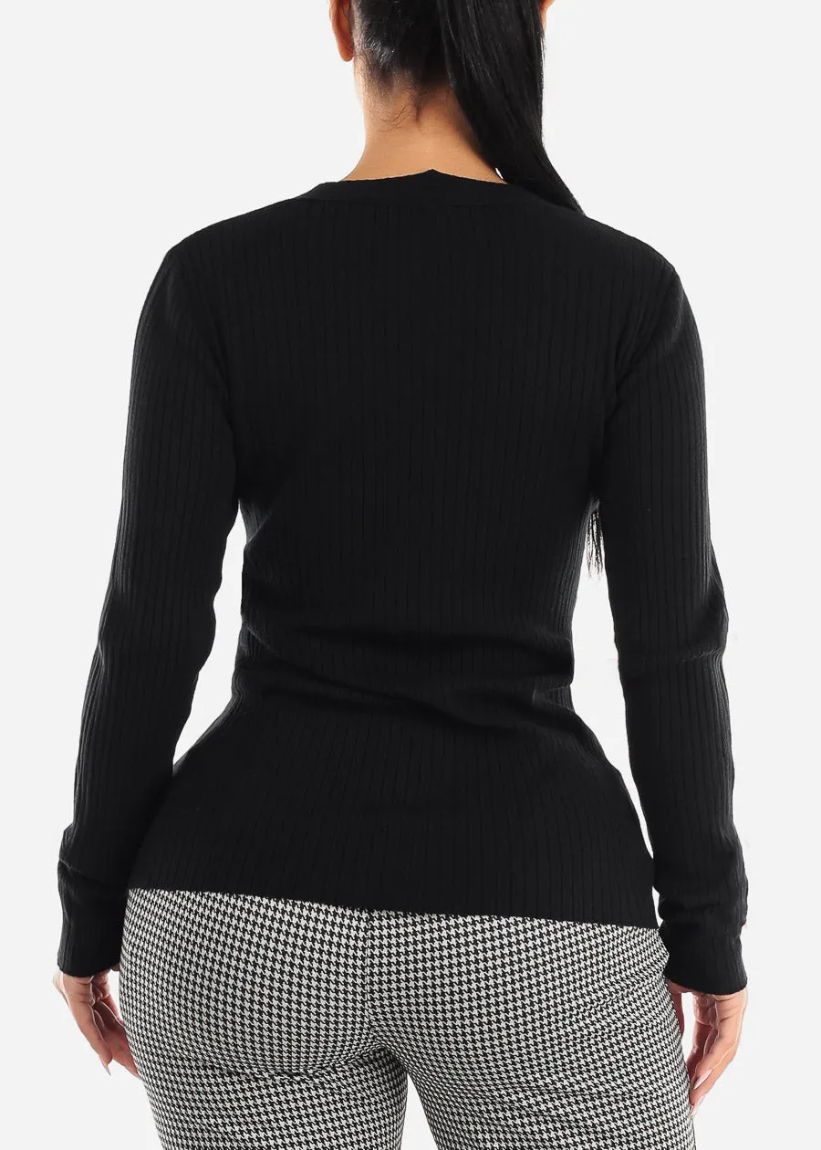 Black V-neck Long Sleeve Rib Knit Sweater sold by Moda product image thumbnail 4