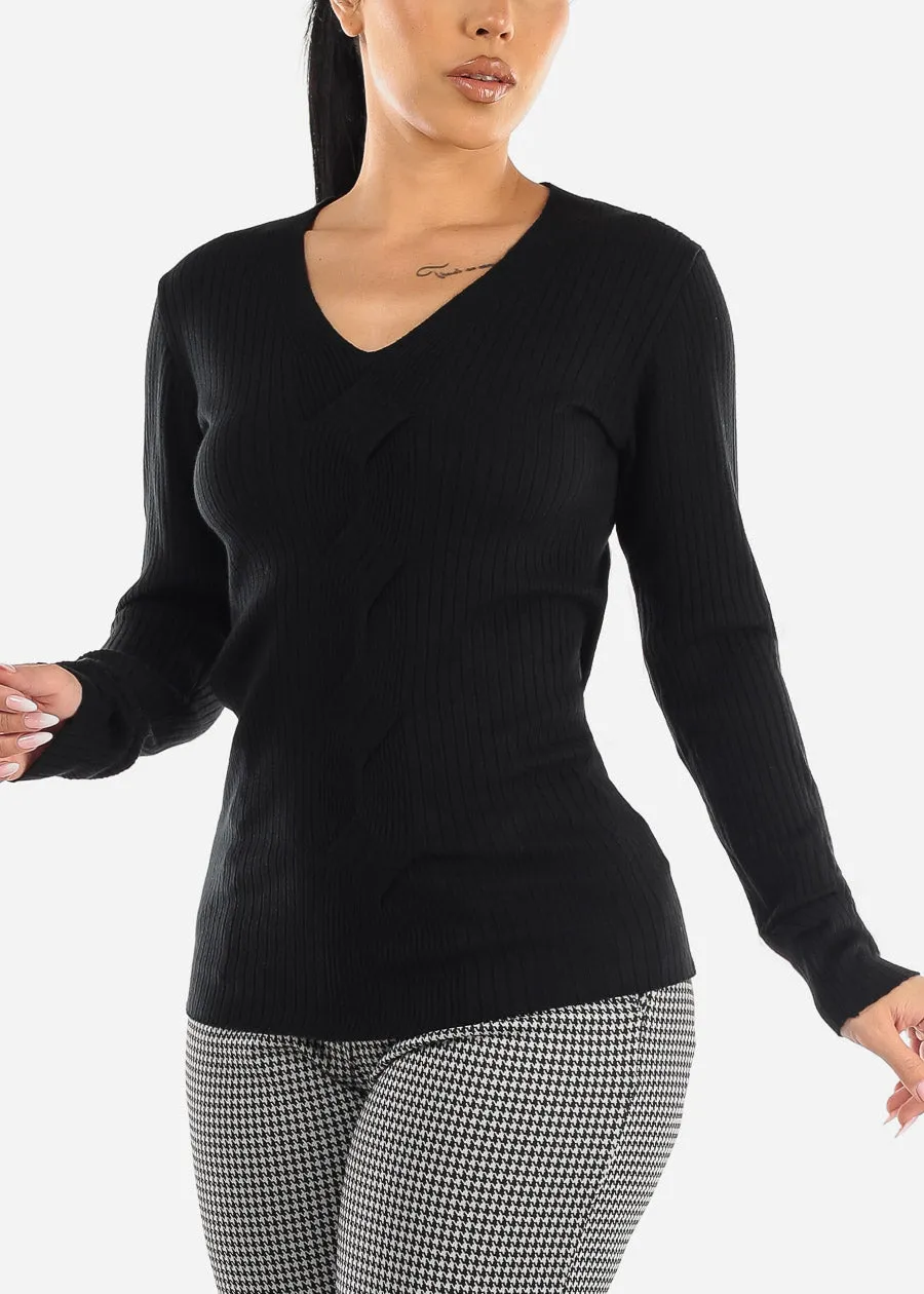 Black V-neck Long Sleeve Rib Knit Sweater sold by Moda
