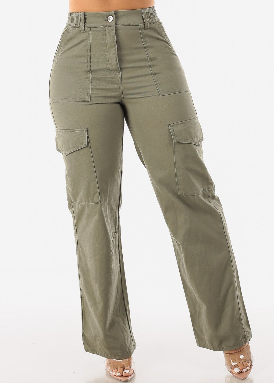 Wide Leg Cotton Twill Olive Cargo Pants sold by Moda