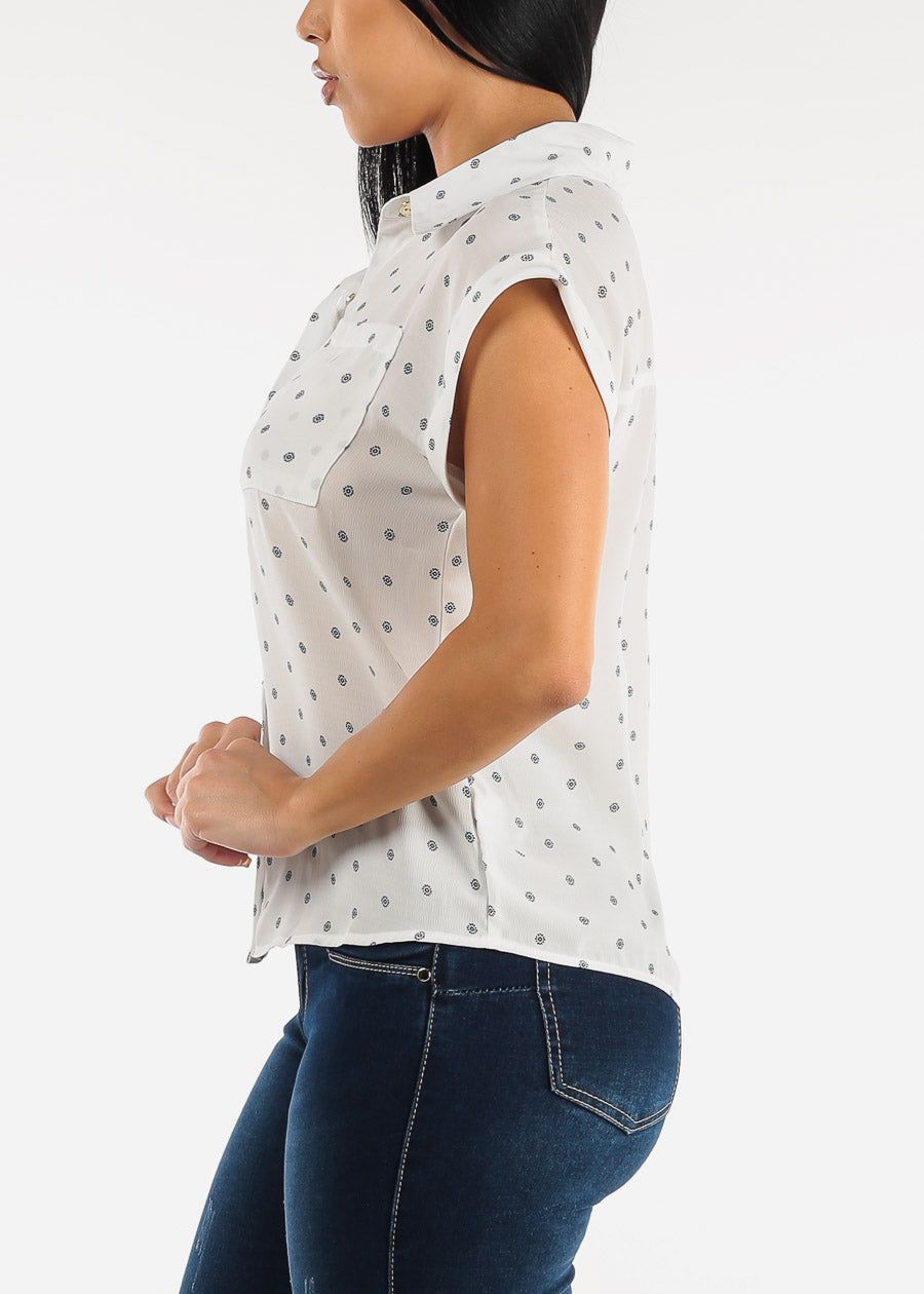 White Polka Dot Cap Sleeve Button Up Shirt sold by Moda product image thumbnail 3