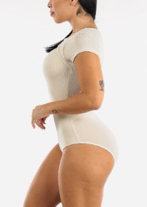 Short Sleeve Ribbed Cutout Neckline Bodysuit Cream sold by Moda