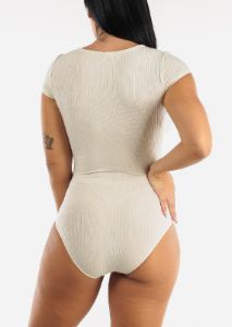 Short Sleeve Ribbed Cutout Neckline Bodysuit Cream sold by Moda