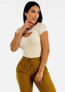 Short Sleeve Ribbed Cutout Neckline Bodysuit Cream sold by Moda