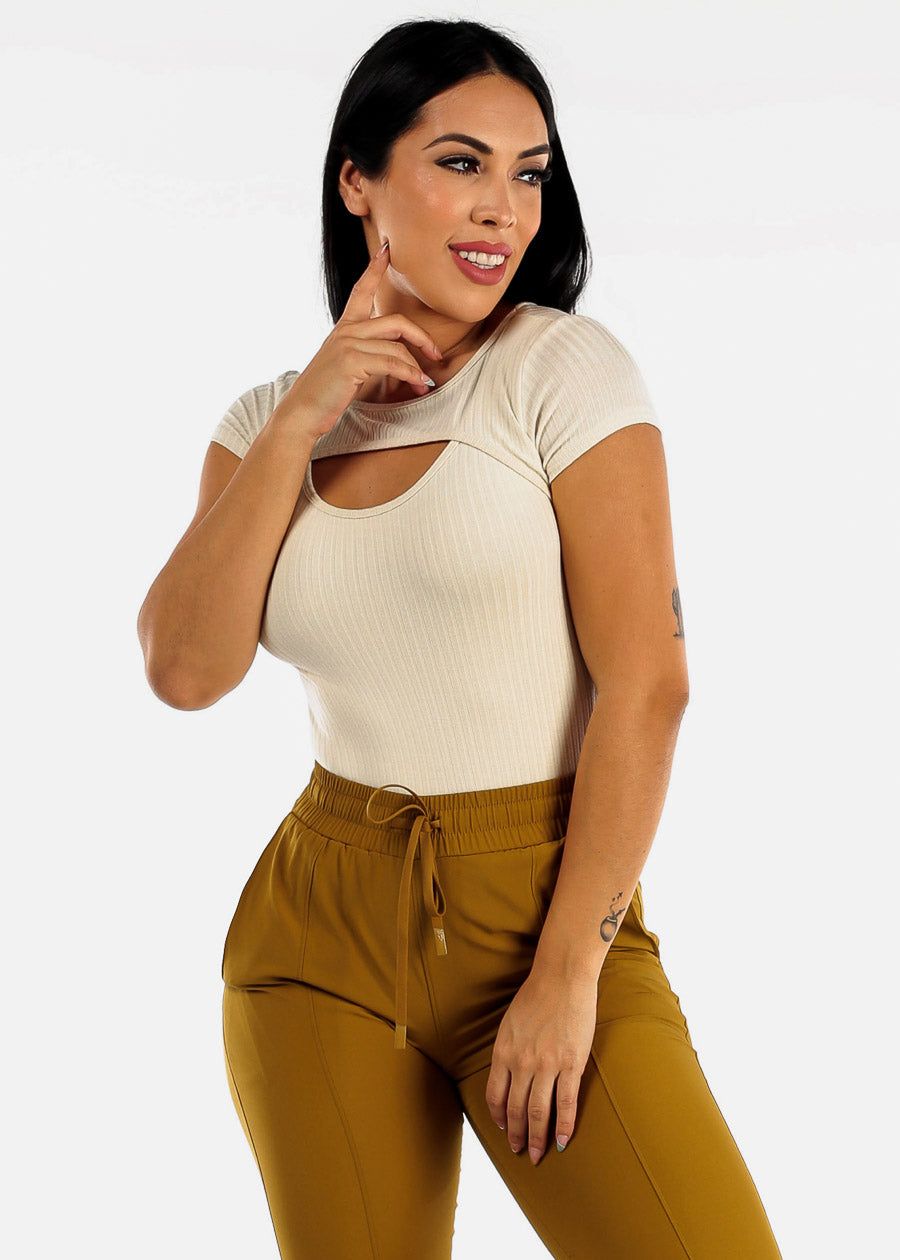 Short Sleeve Ribbed Cutout Neckline Bodysuit Cream sold by Moda product image thumbnail 5
