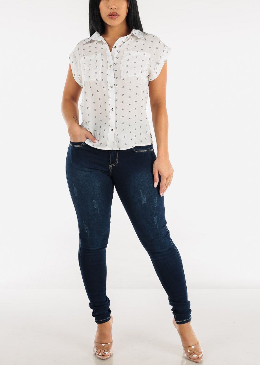 White Polka Dot Cap Sleeve Button Up Shirt sold by Moda product image thumbnail 2