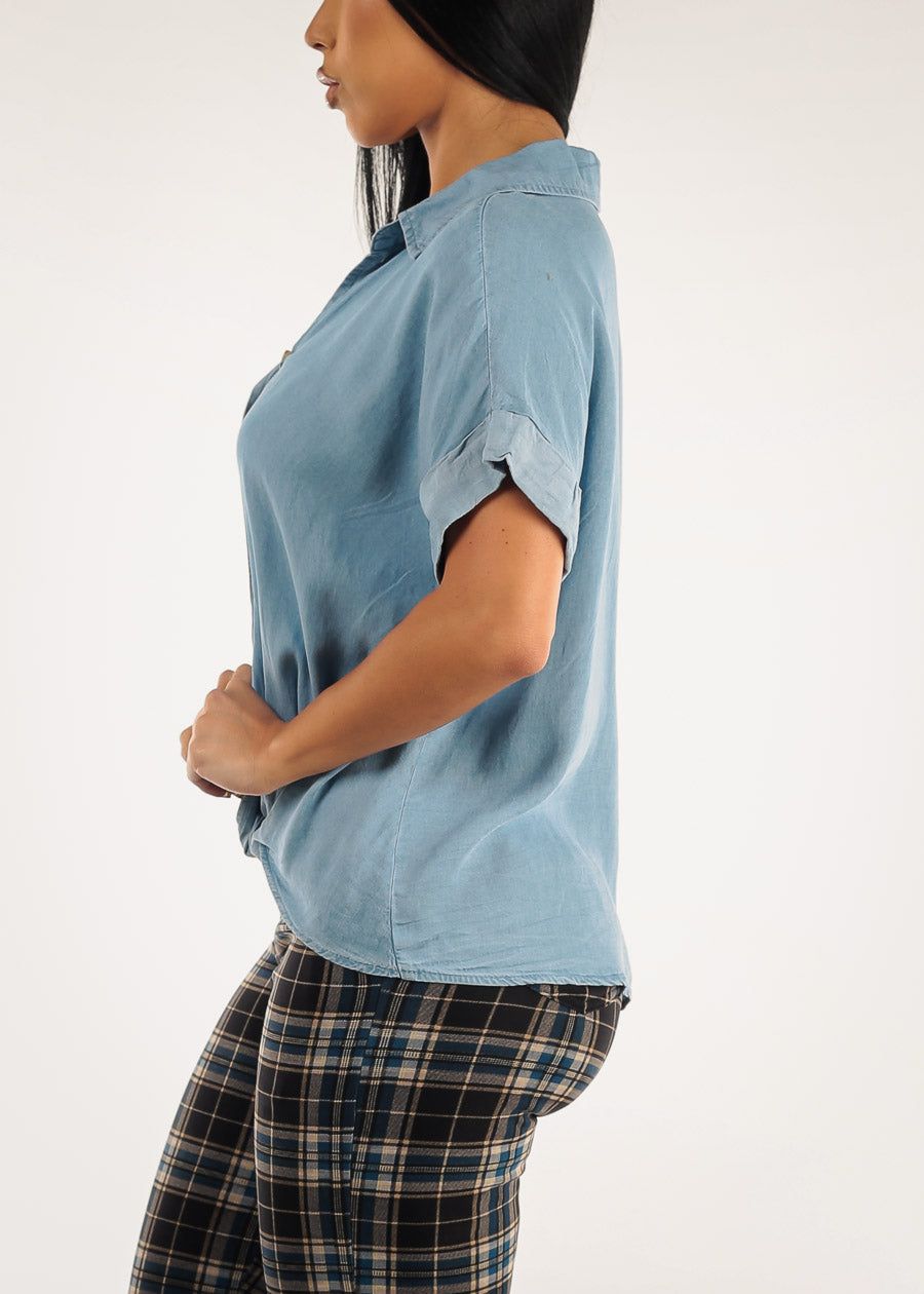 Short Sleeve Button Up Front Foldover Loose Denim Shirt sold by Moda product image thumbnail 3