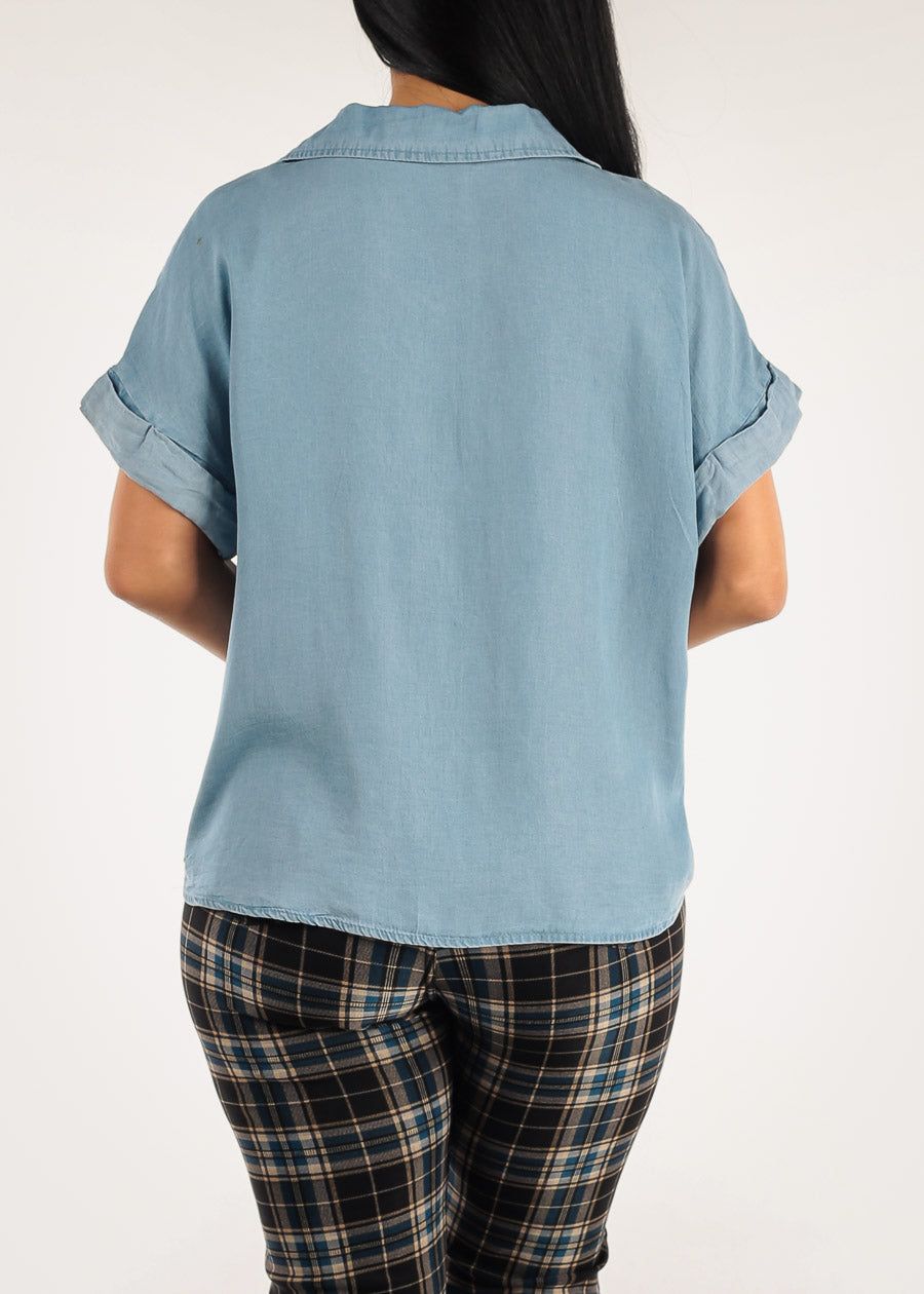 Short Sleeve Button Up Front Foldover Loose Denim Shirt sold by Moda product image thumbnail 4