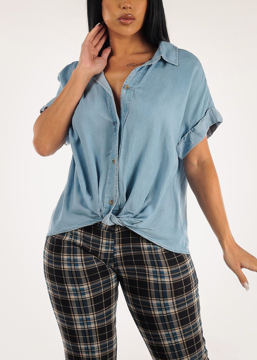 Short Sleeve Button Up Front Foldover Loose Denim Shirt sold by Moda