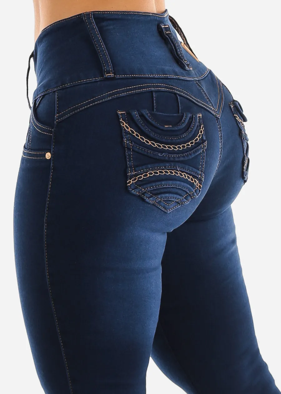 MX JEANS Butt Lifting Dark Wash Mid Rise Skinny Jeans sold by Moda
