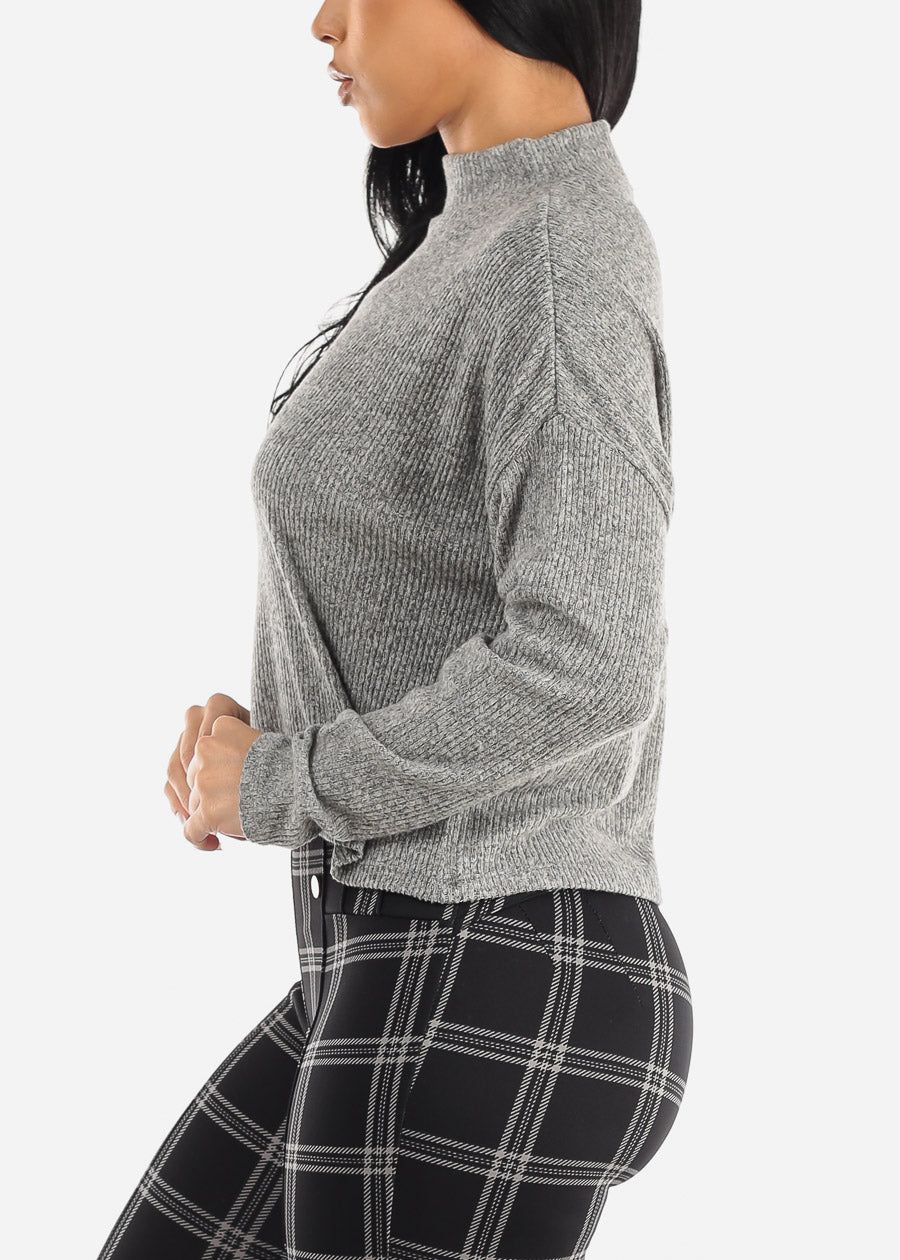 Long Sleeve Mock Neck Hacci Sweater Crop Top Grey sold by Moda product image thumbnail 3