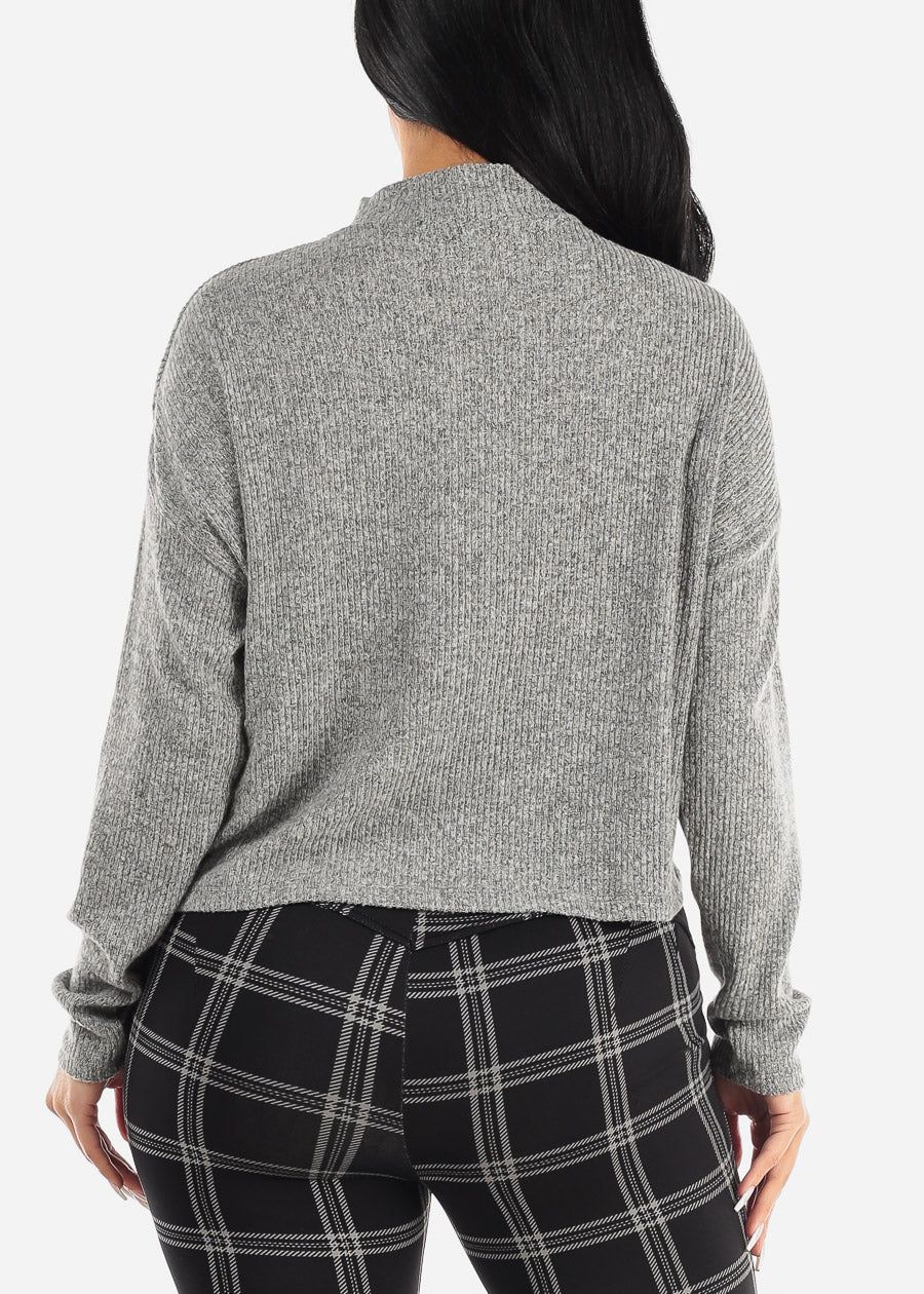 Long Sleeve Mock Neck Hacci Sweater Crop Top Grey sold by Moda product image thumbnail 4