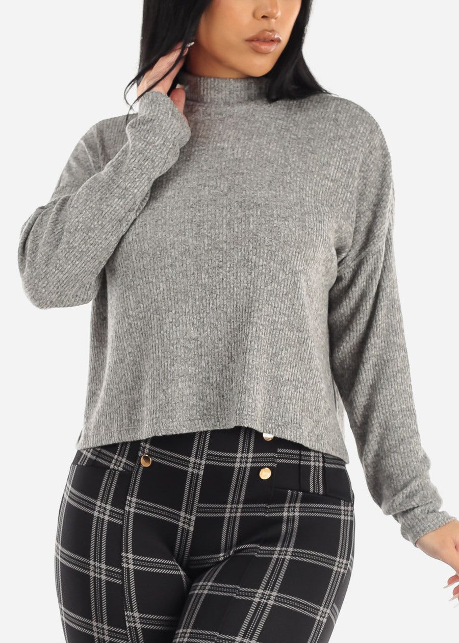 Long Sleeve Mock Neck Hacci Sweater Crop Top Grey sold by Moda