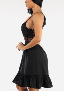 Black Sleeveless Open Back Lace Ruffled Dress sold by Moda