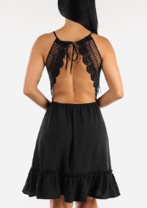 Black Sleeveless Open Back Lace Ruffled Dress sold by Moda