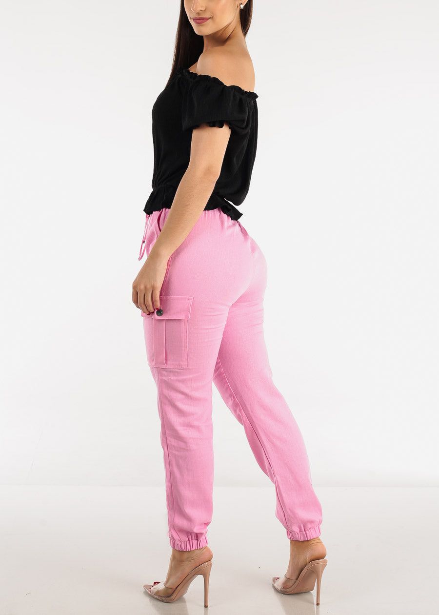 High Rise Linen Drawstring Waist Cargo Joggers Pink sold by Moda product image thumbnail 5