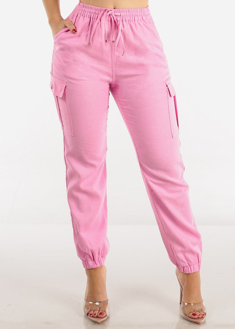 High Rise Linen Drawstring Waist Cargo Joggers Pink sold by Moda