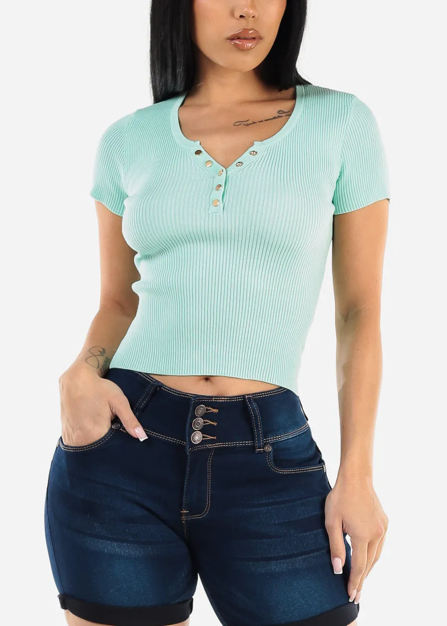Fitted Short Sleeve Ribbed Top Mint sold by Moda