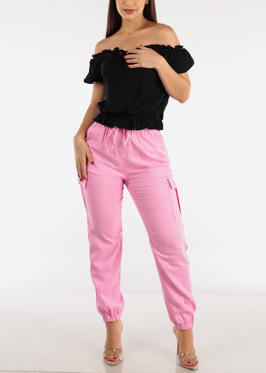 High Rise Linen Drawstring Waist Cargo Joggers Pink sold by Moda product image thumbnail 2