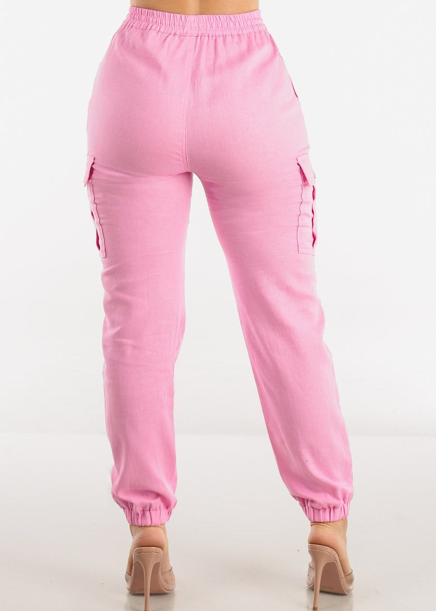 High Rise Linen Drawstring Waist Cargo Joggers Pink sold by Moda product image thumbnail 4