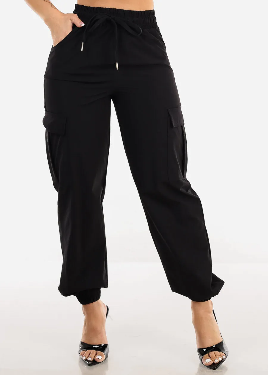 High Waist Drawstring Black Cargo Jogger Pants sold by Moda